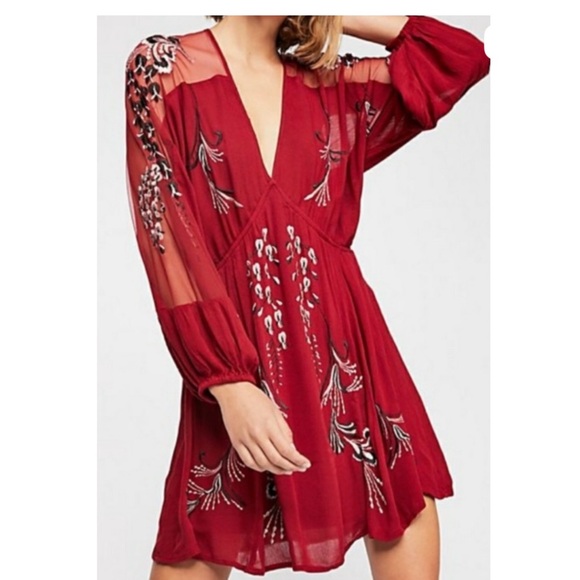 Free People Dresses & Skirts - Free People Bonjour Floral Embroidered Long Sleeve Mini Dress Size Small Red